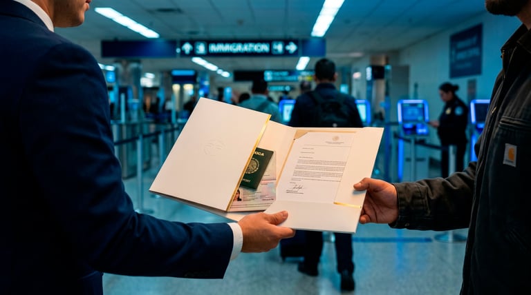 Two people exchanging a passport and travel document at an airport immigration checkpoint