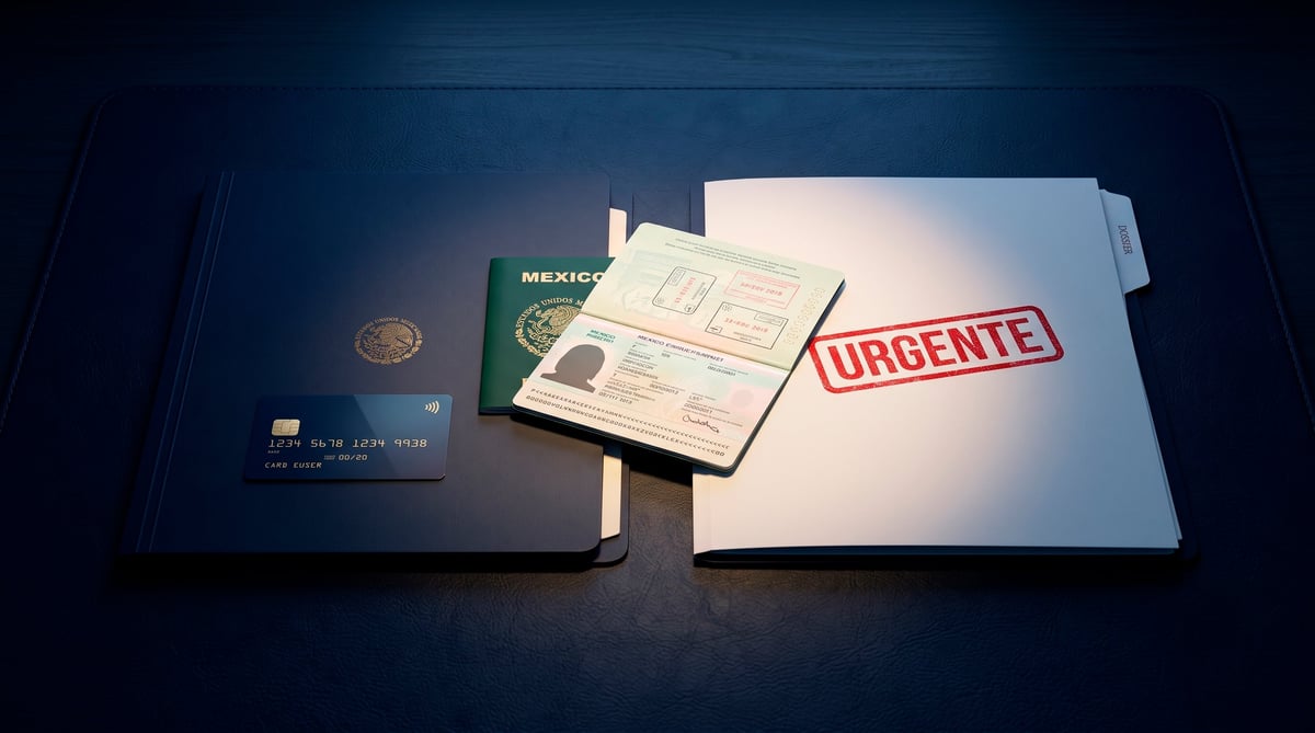 Travel documents arranged on dark surface including passport, credit card, documents marked urgent, and paperwork - visa americana urgente
