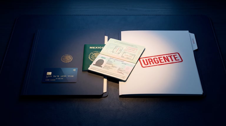 Travel documents arranged on dark surface including passport, credit card, documents marked urgent, and paperwork