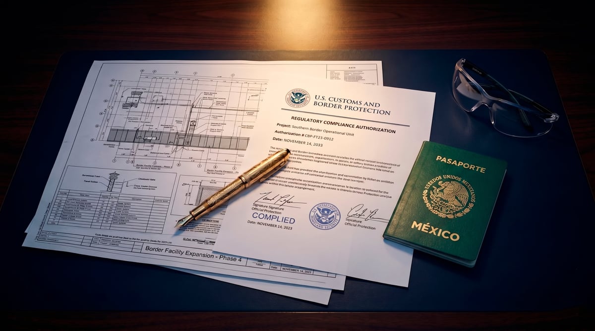 Immigration documents including passport, visa forms, and a pen arranged on a table under warm lighting