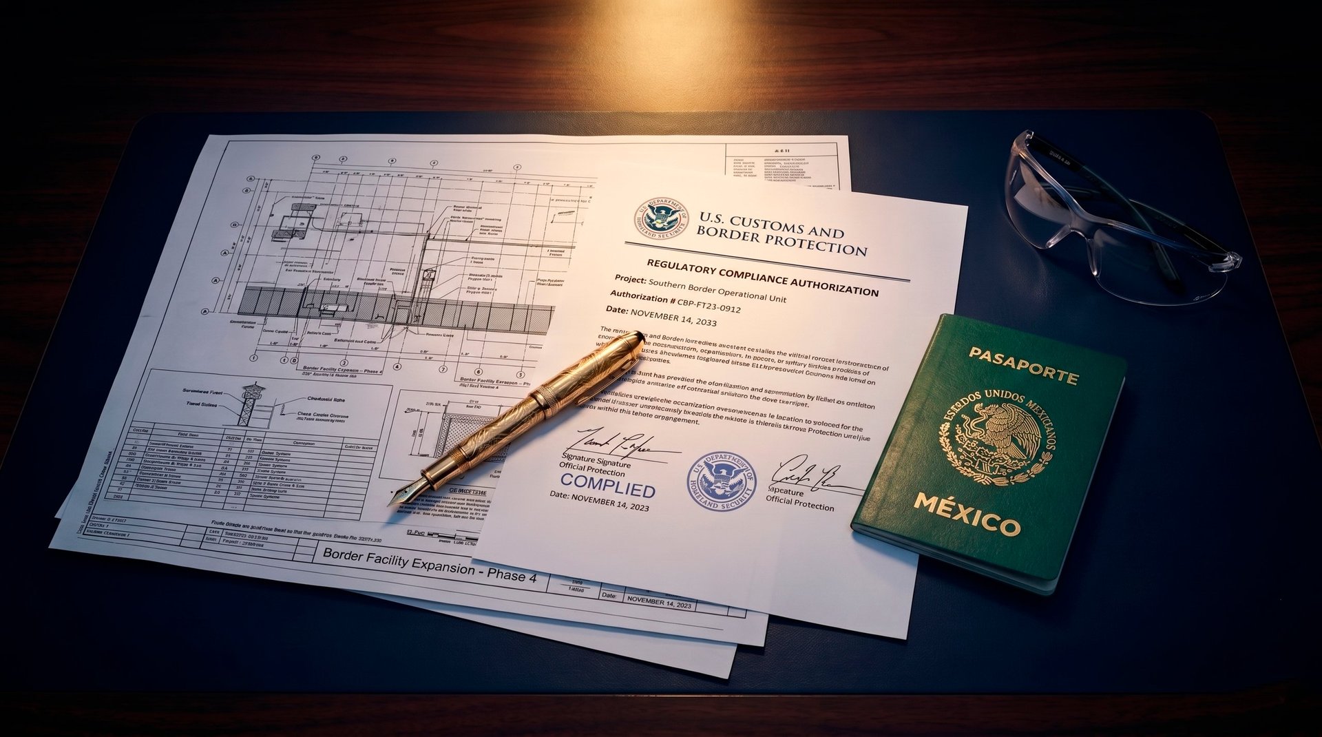 Immigration documents including passport, visa forms, and a pen arranged on a table under warm lighting