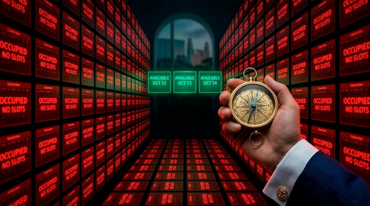 Hand holding antique compass in corridor of red neon signs with green exit doors and cityscape visible ahead
