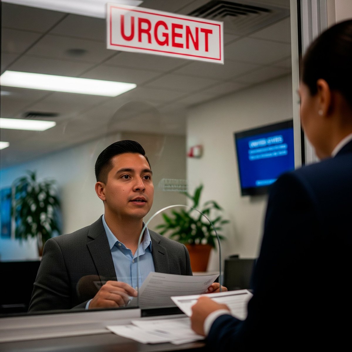 Two men in business attire at an urgent care reception desk, with an URGENT sign visible on the glass partition above
